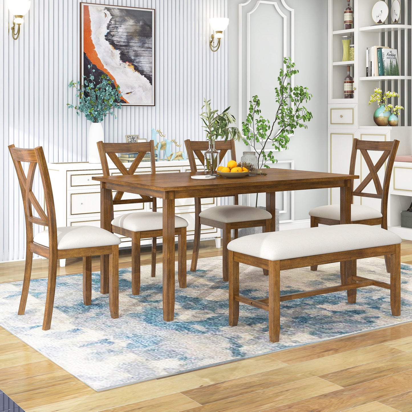 6-Piece Kitchen Dining Table Set Wooden Rectangular Dining Table