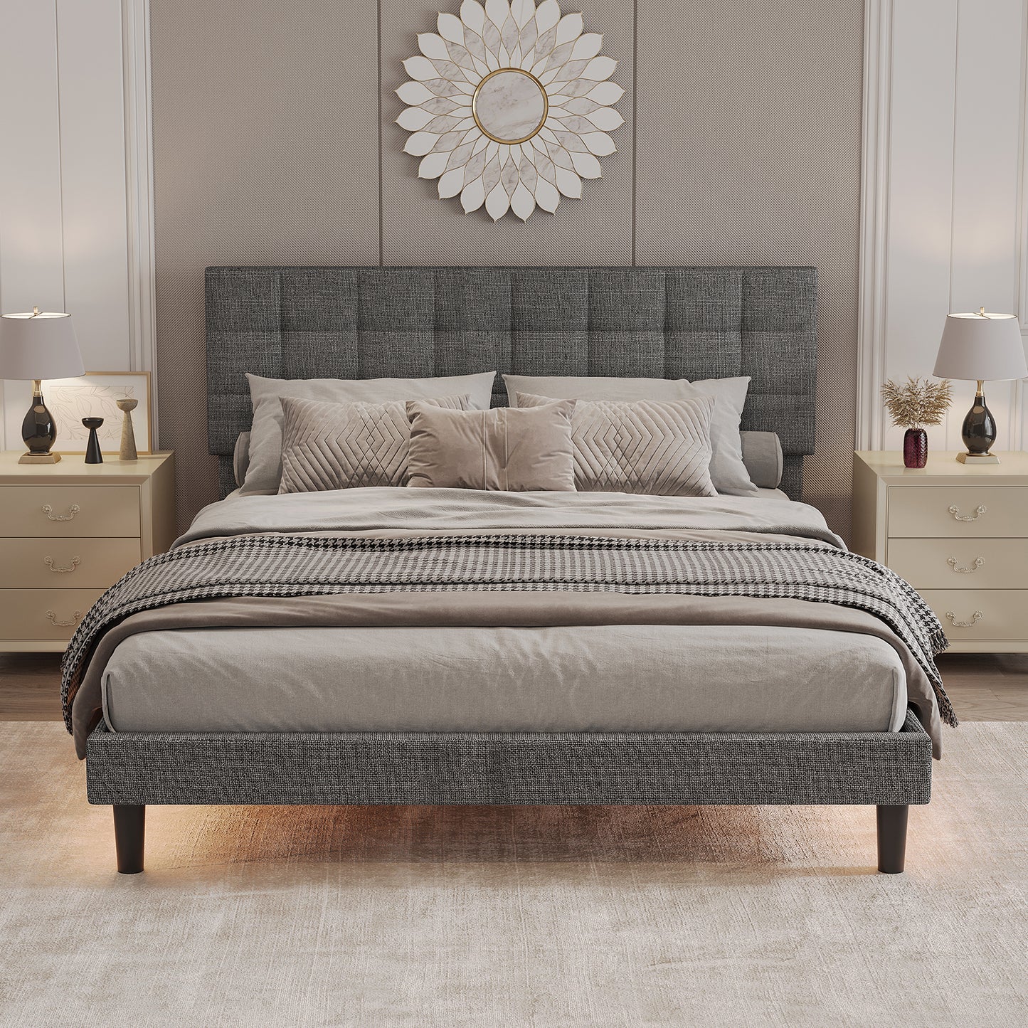 Queen Size LED Upholstered Platform Bed Linen- Grey