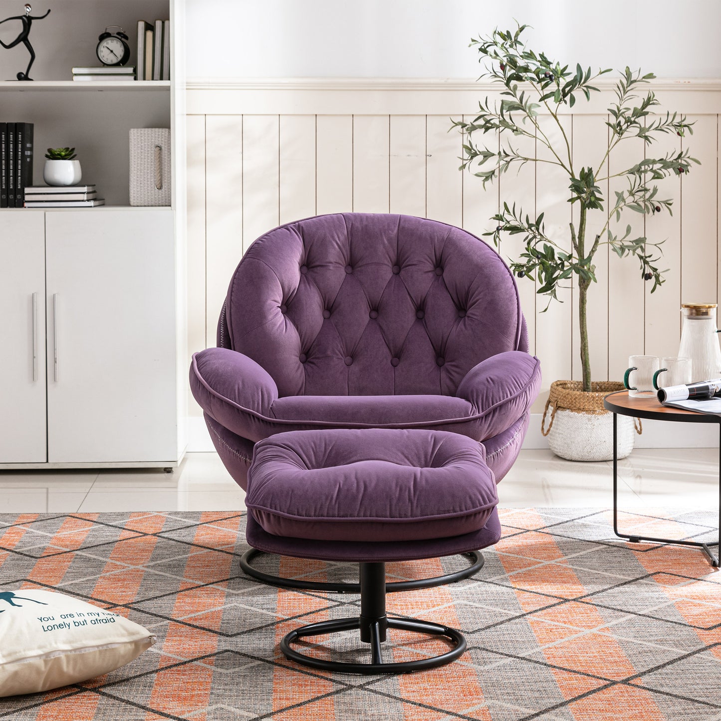 Velvet Swivel Accent Chair with Ottoman, Purple