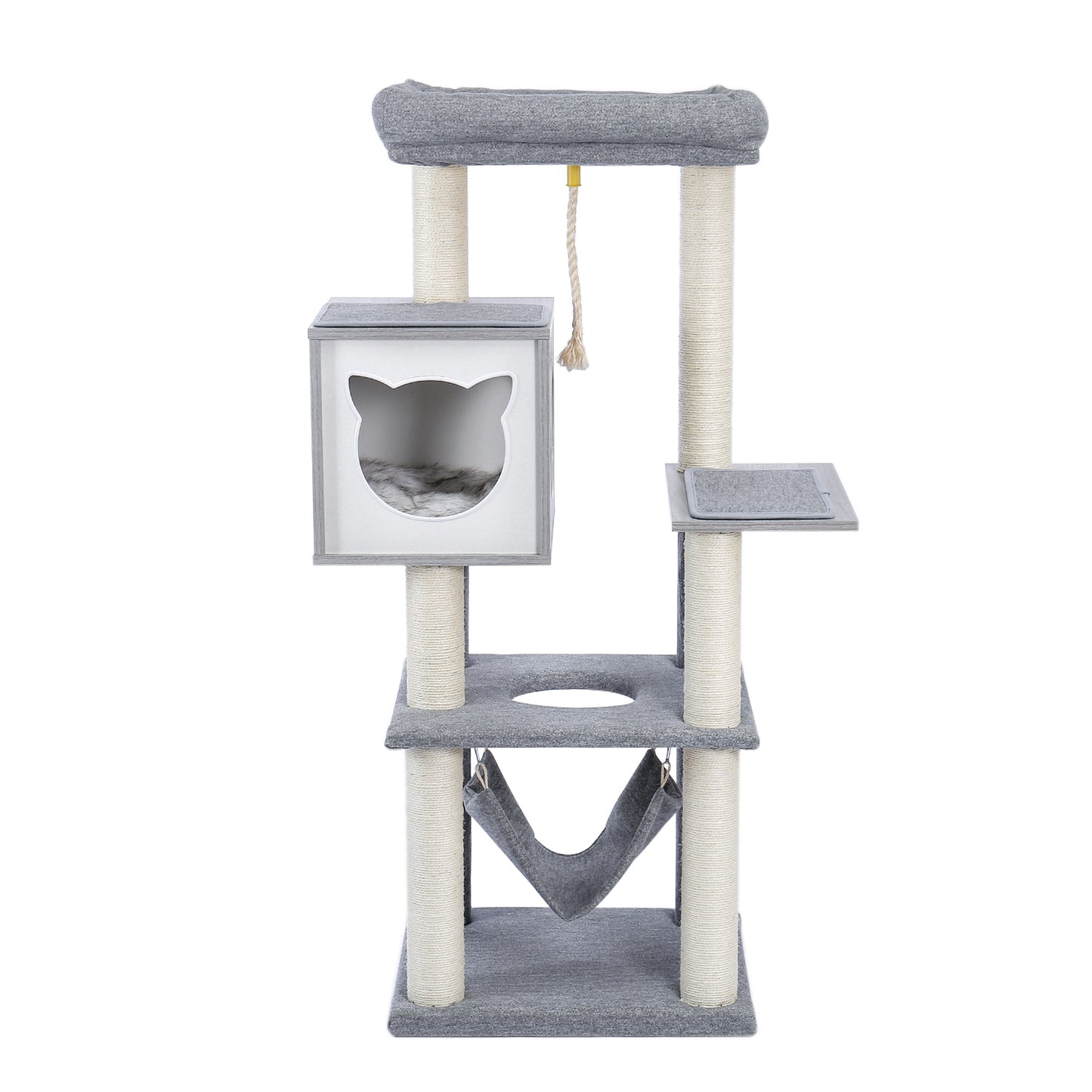 Cat Tree 52 Inches Multi-Level Wooden Cat Tower with Hammock and Scratching Posts- Grey