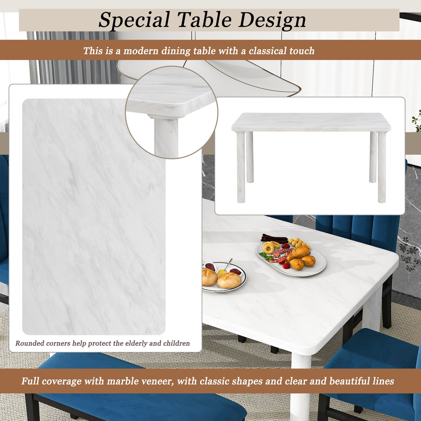 6-Piece Dining Table Set with Marble Veneer (White+Blue)