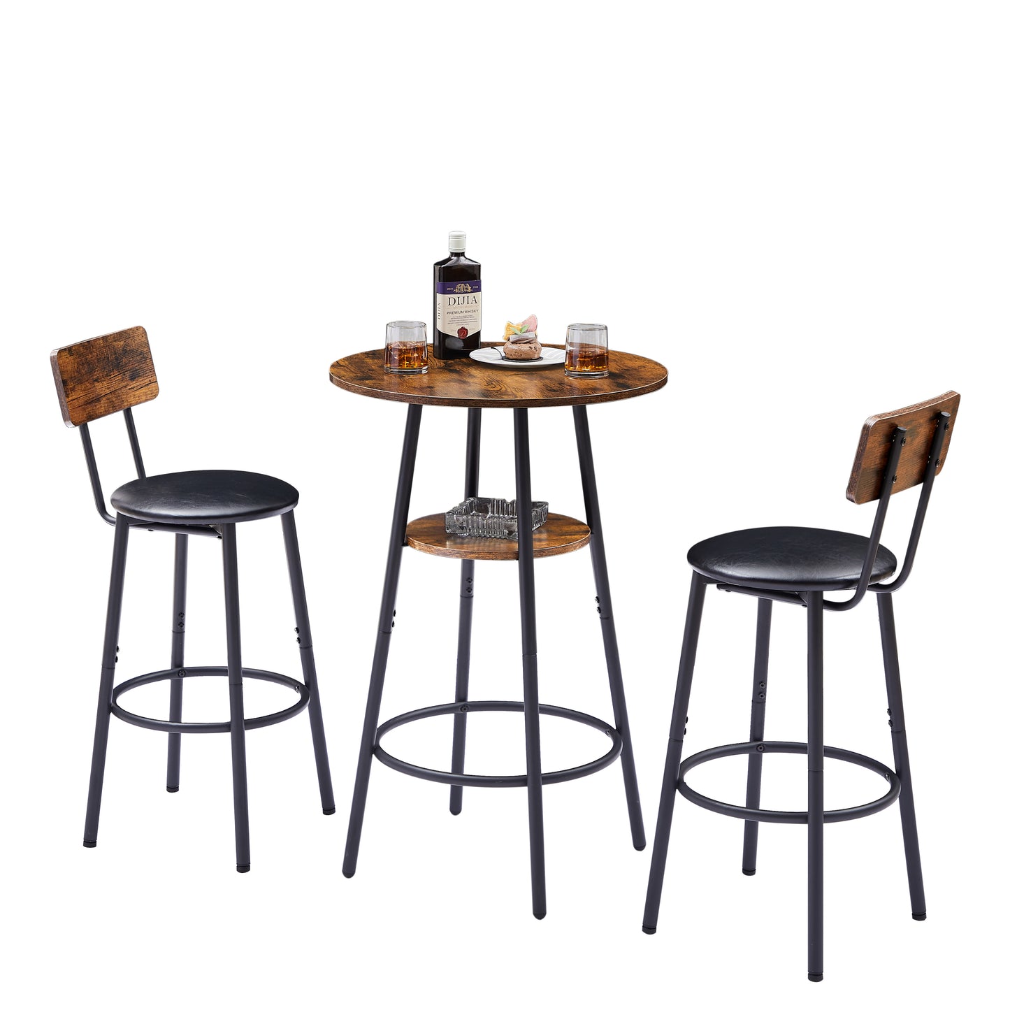 Round Bar Stool Set with Shelf - Rustic Brown