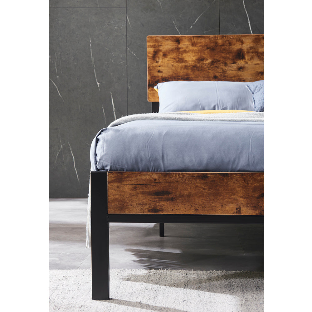 Queen Size Metal Platform Bed Frame with Wooden Headboard and Footboard