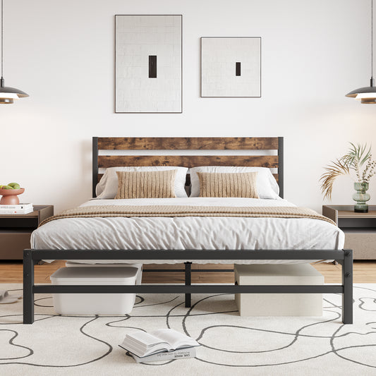 Platform Queen Size Bed Frame with Rustic Vintage Wood Headboard