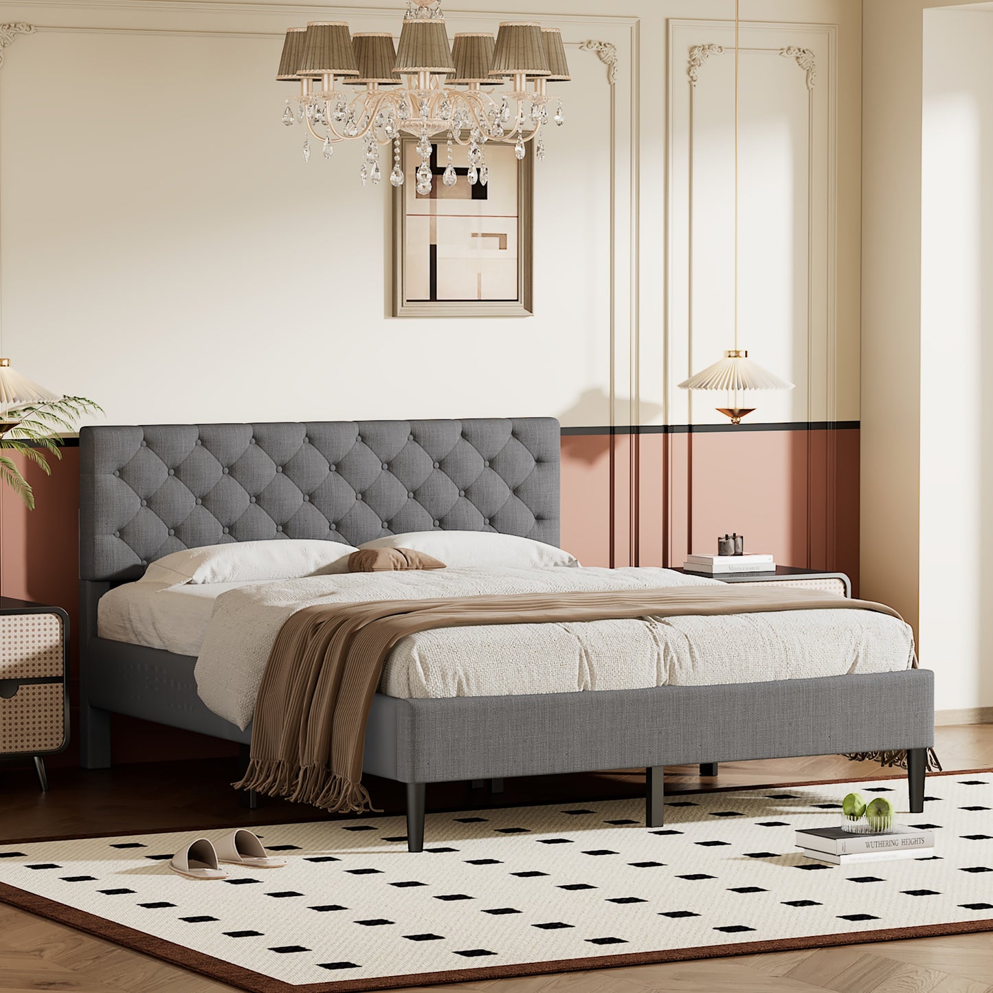 Gray Linen Upholstered Platform Bed Frame, Queen