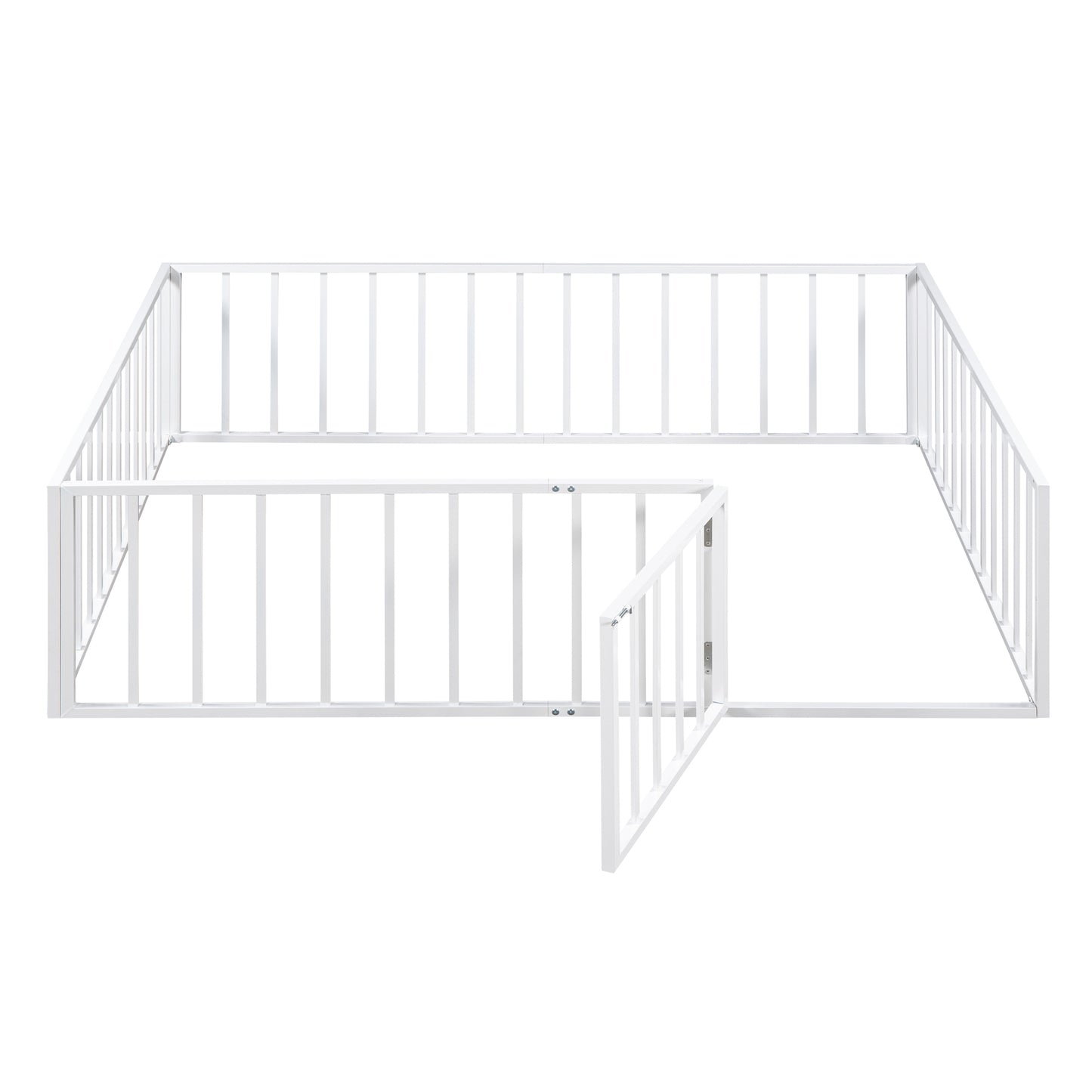 Full Size Metal Floor Bed Frame with Fence and Door, White