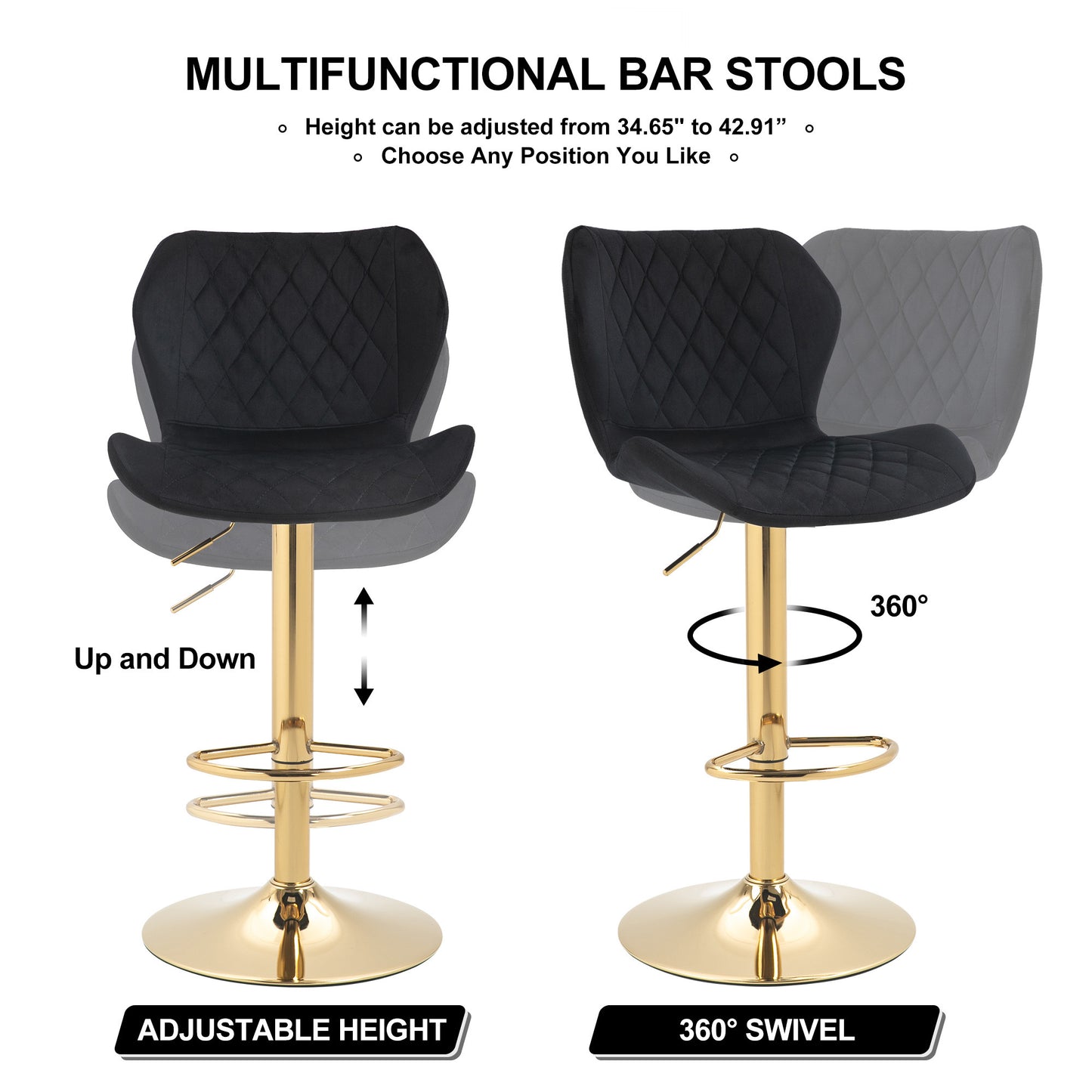 Black Velvet Adjustable Swivel Bar Stools Set of 2