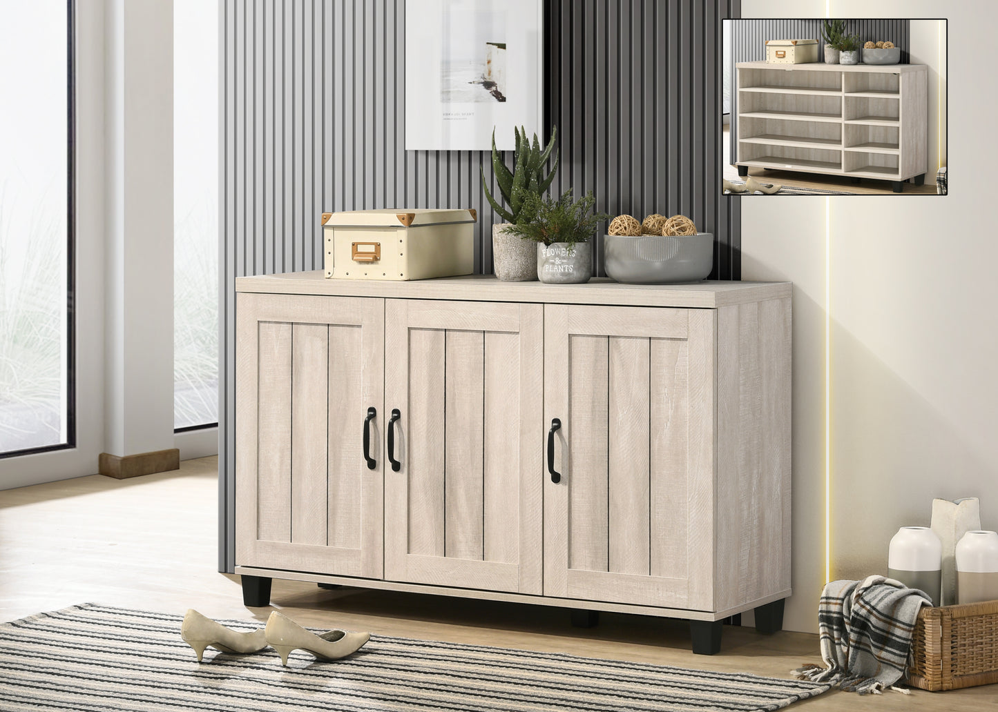 Corby Oak Finish 3-Door Shoe Cabinet - Dusty Gray