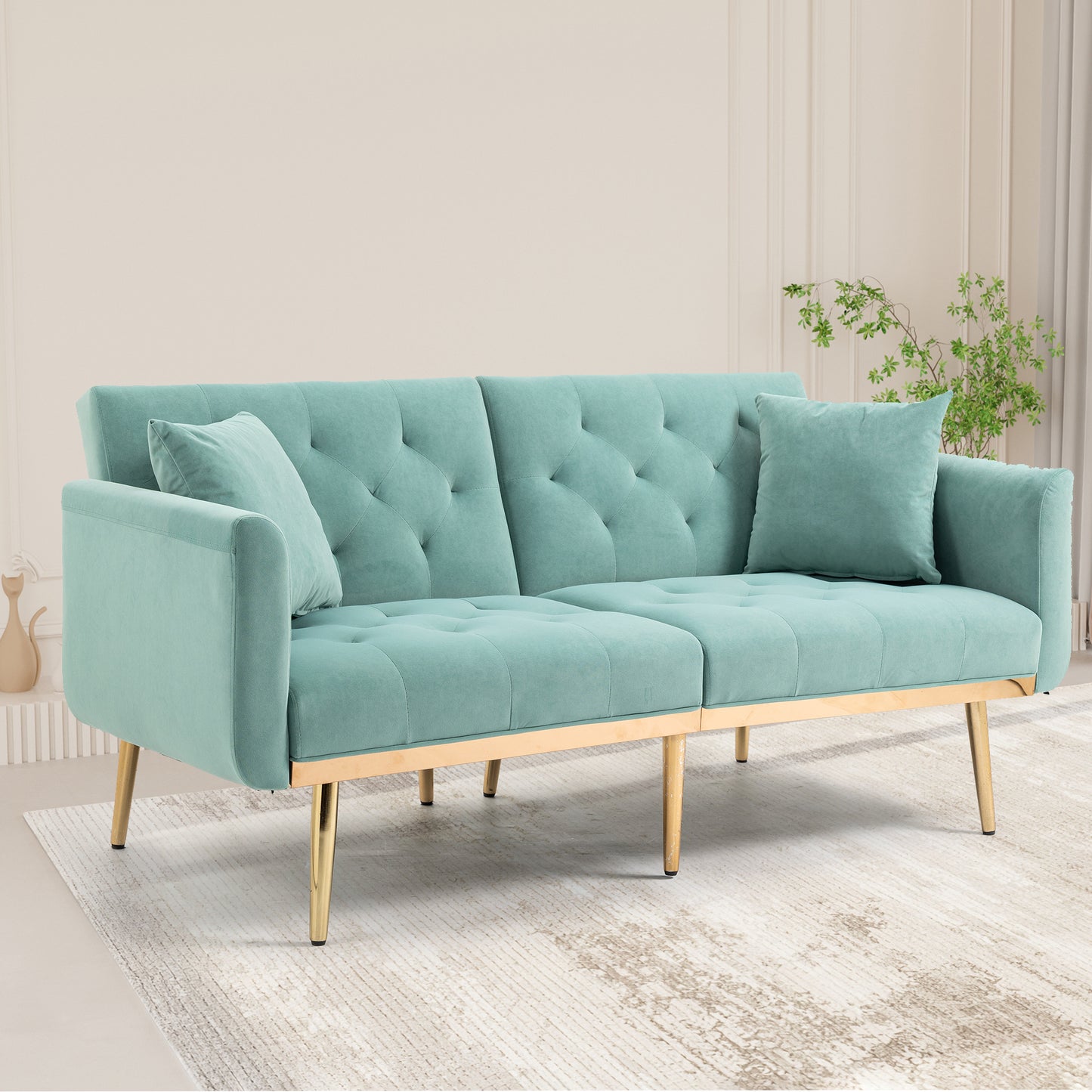 Velvet Accent Sofa with Gold Legs, Light Teal