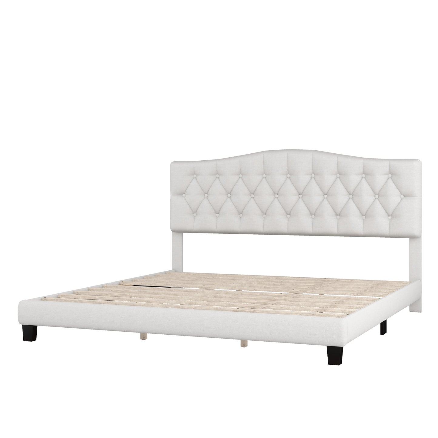 Tufted Platform Bed with Saddle Curved Headboard, King