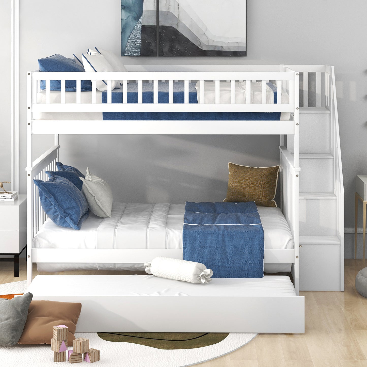 White Full over Full Bunk Bed with Trundle and Staircase