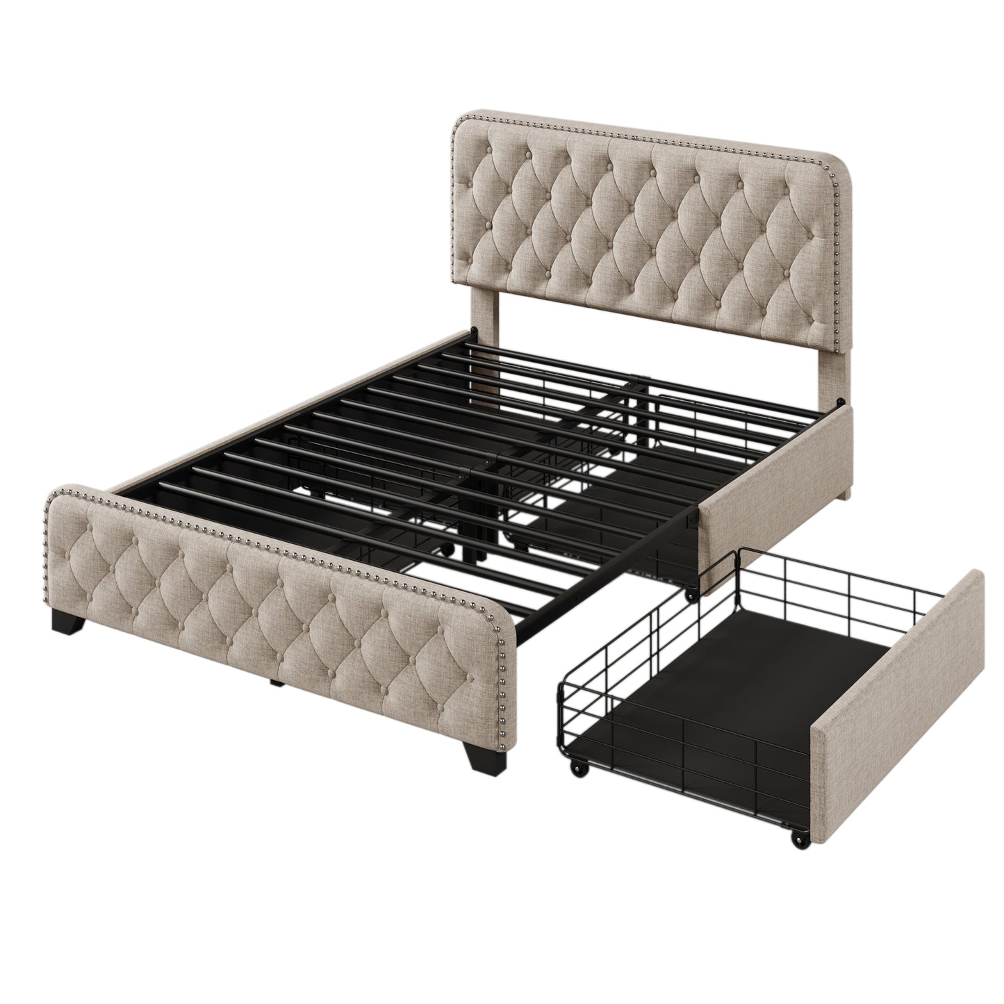 Upholstered Platform Bed Frame with Four Drawers Beige, Full