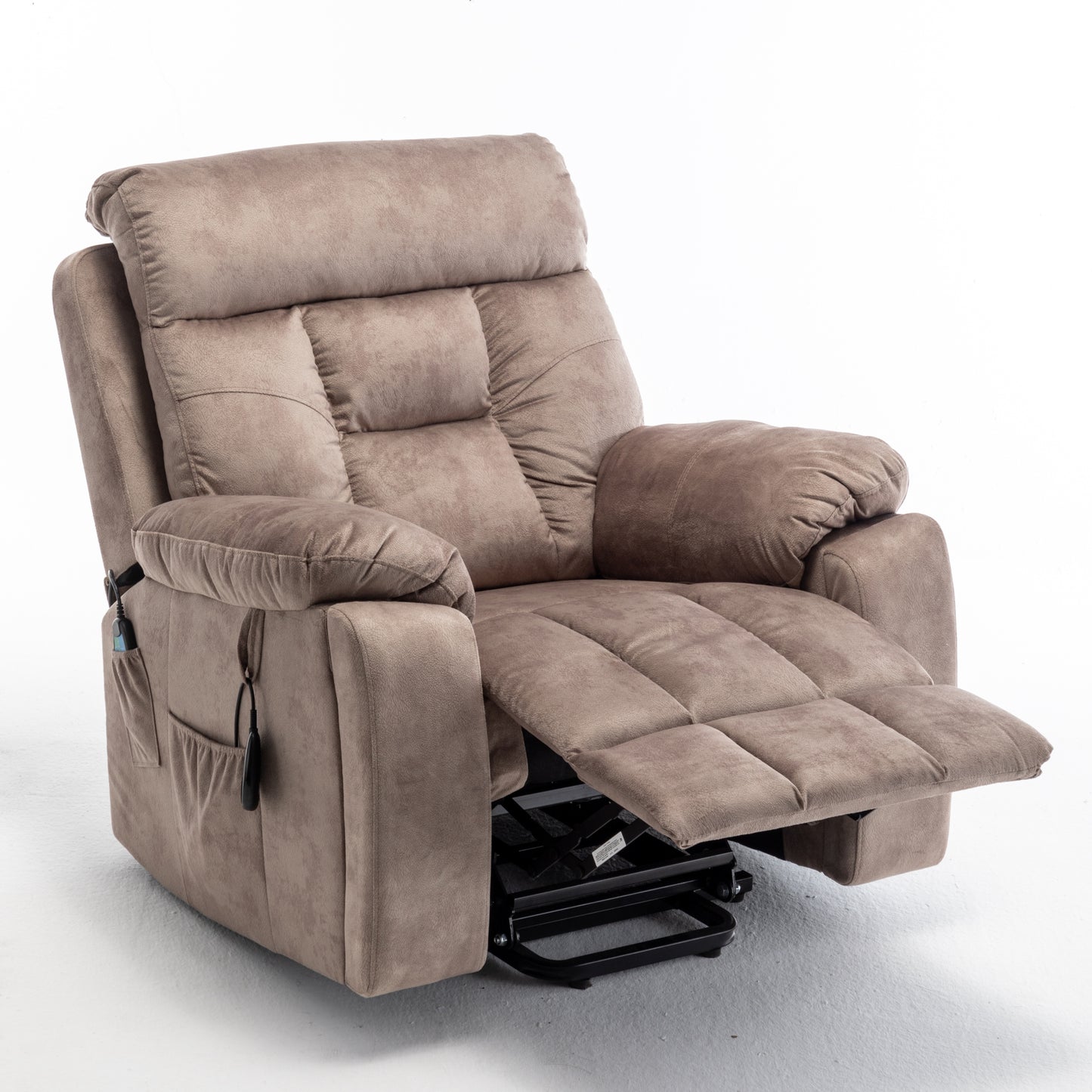 Velvet Power Lift Recliner Heated Zero Gravity Massage Chair with storage pockets - Beige+Brown