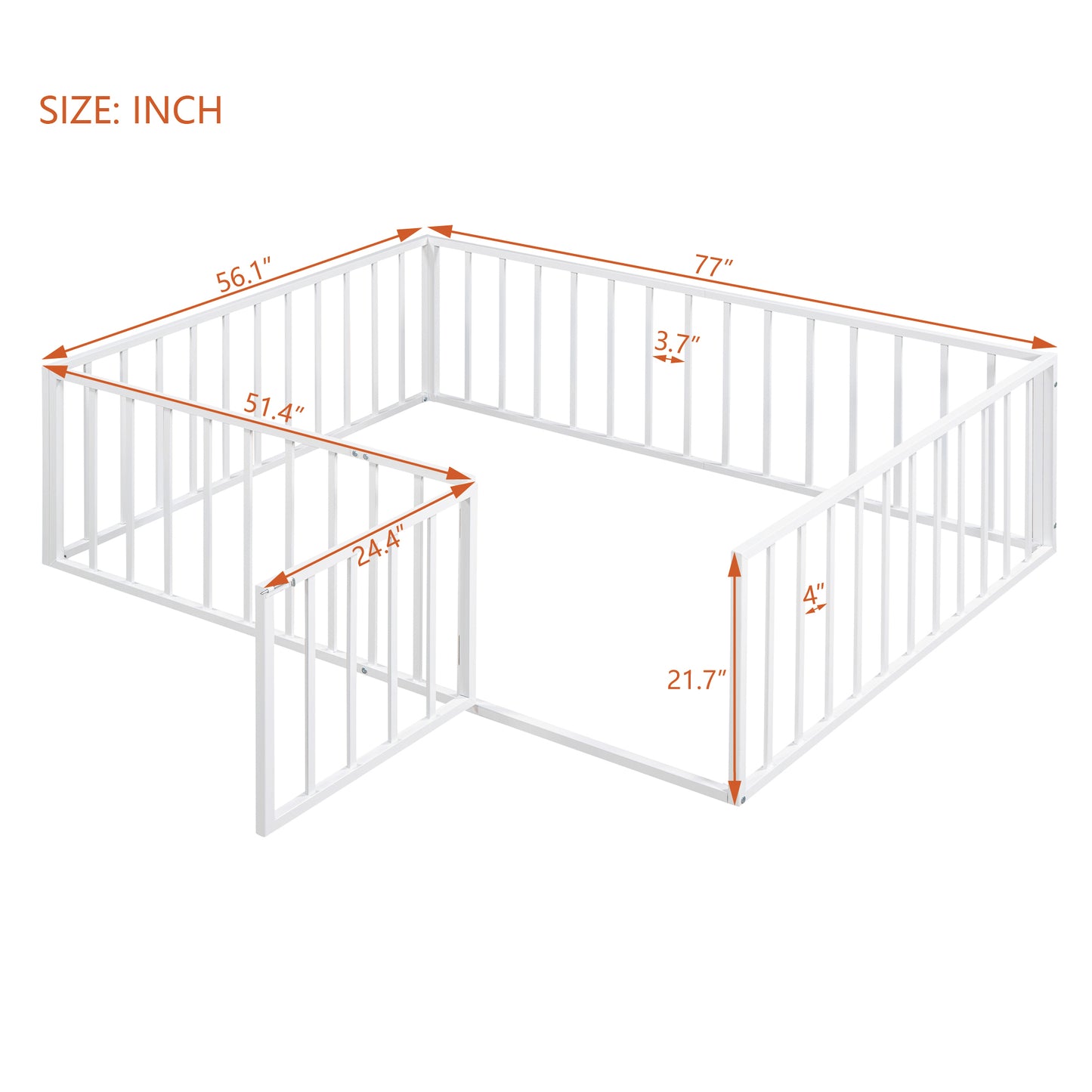 Full Size Metal Floor Bed Frame with Fence and Door, White