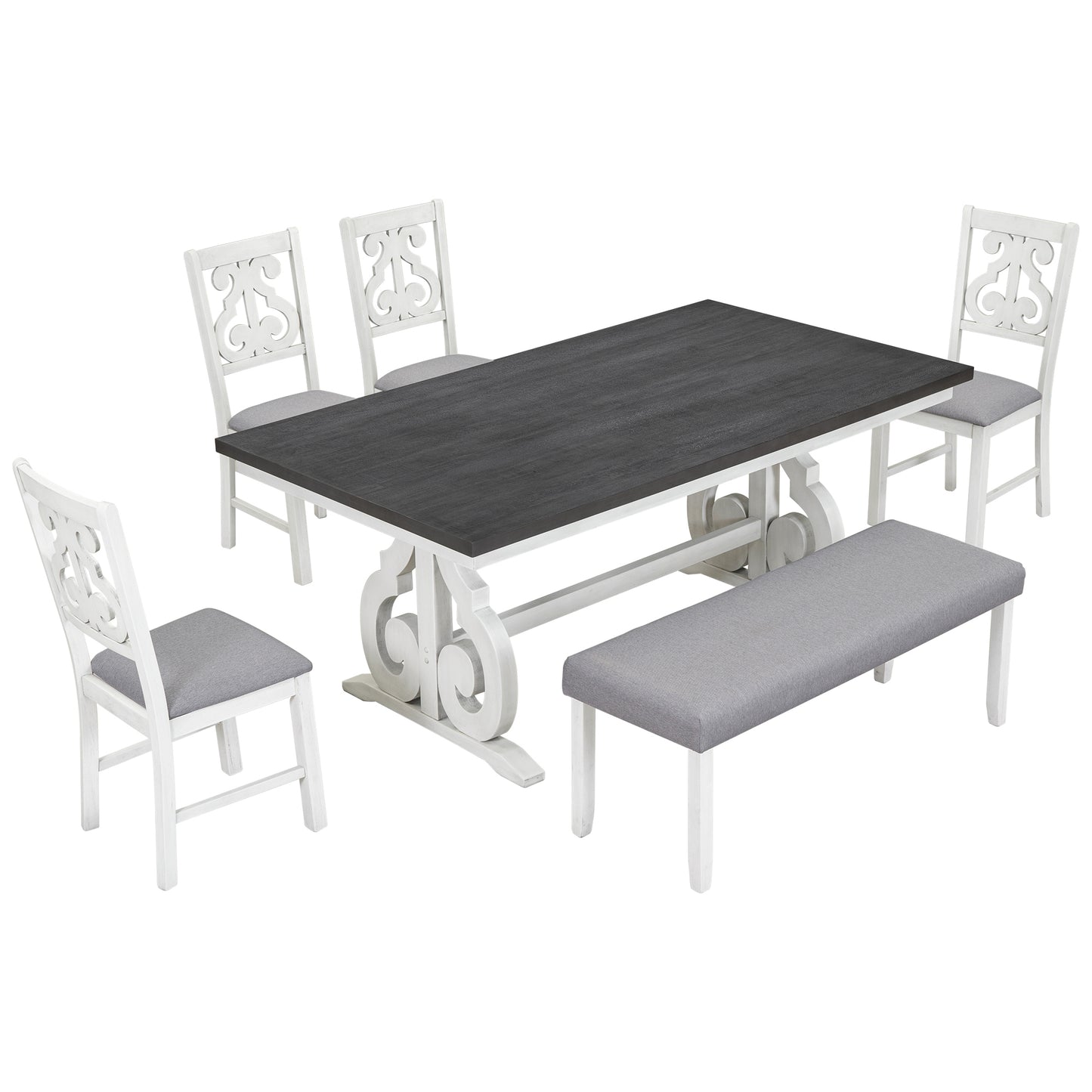 Farmhouse Rectangular Dining Table with Chairs and Bench (Gray+White)