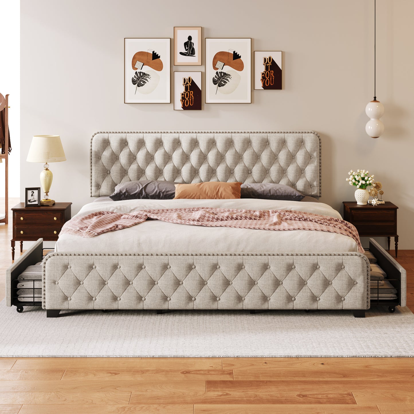 Upholstered Platform Bed Frame with Four Drawers, Button Tufted, Beige, King