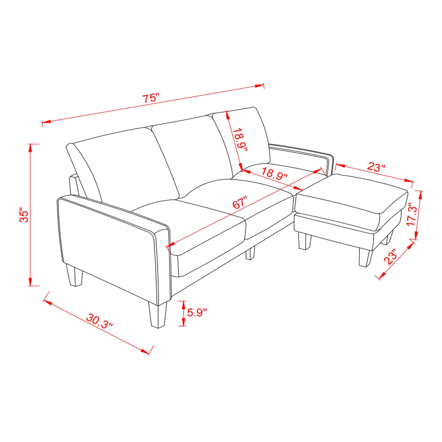 Marchly Modern Living Room Furniture L Shape Sofa with Ottoman in Dark Grey Fabric