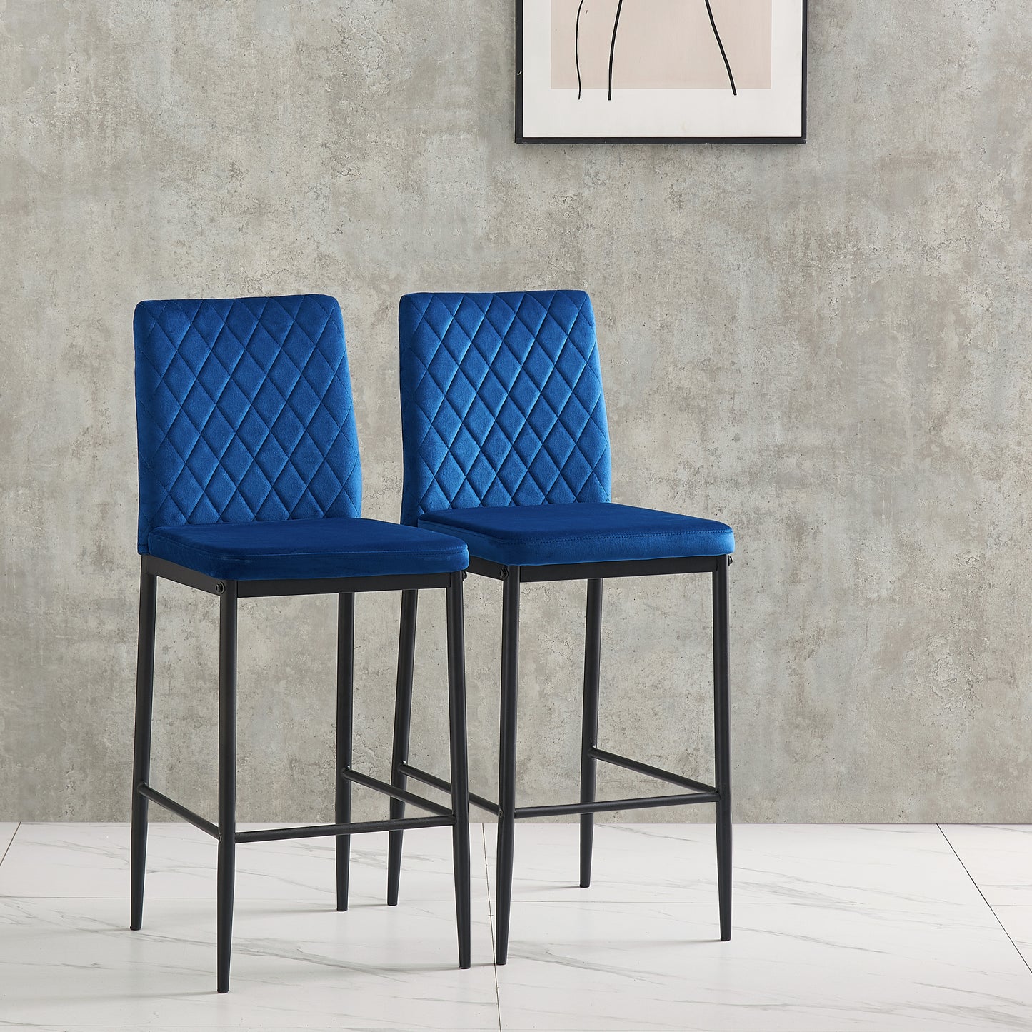 Velvet Blue Bar Stool with Metal Legs Set of 2