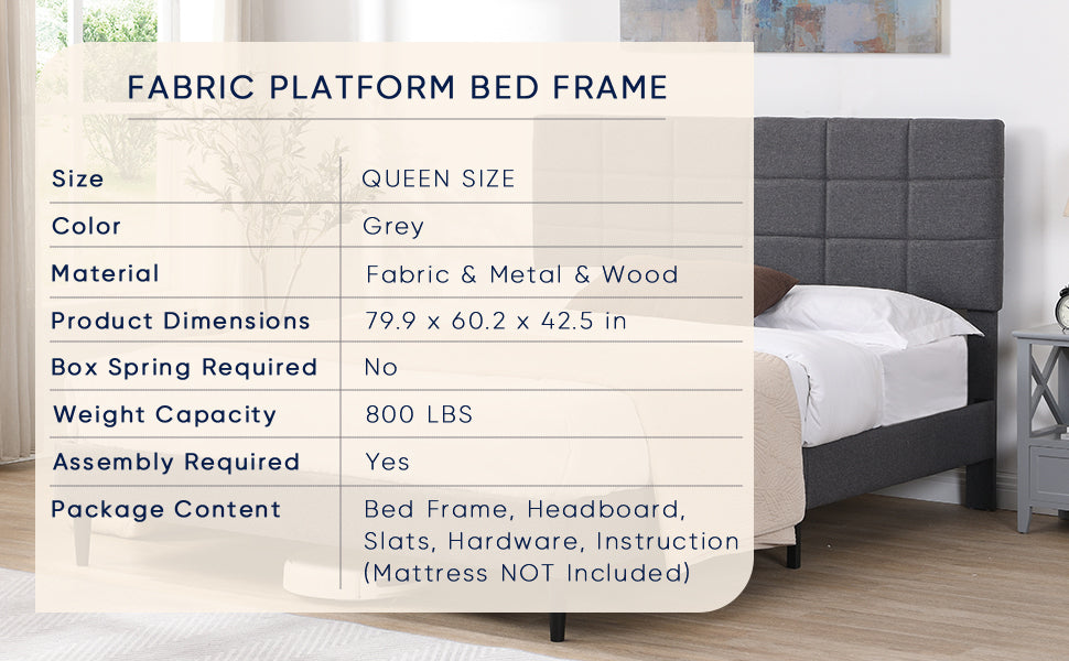 Queen Size Platform Bed Frame with Fabric Upholstered Headboard