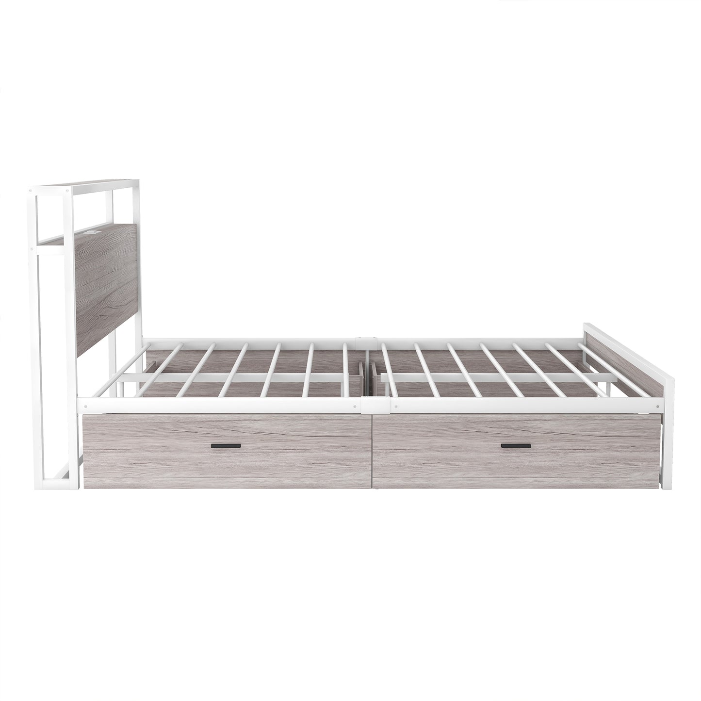 Full Size Metal Platform Bed Frame with Four Drawers, White