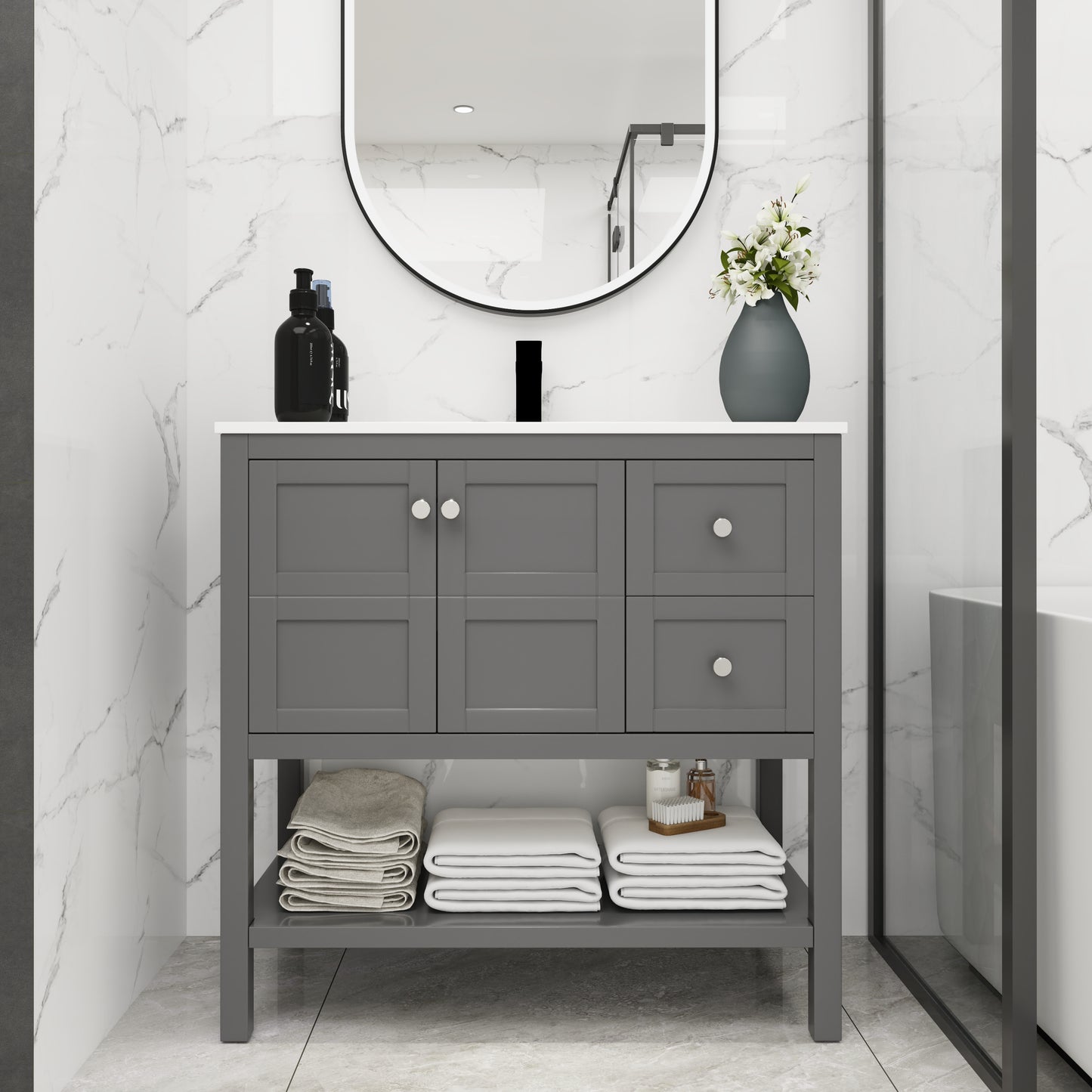 Bathroom Vanity With Soft Close Drawers and Gel Basin, Grey