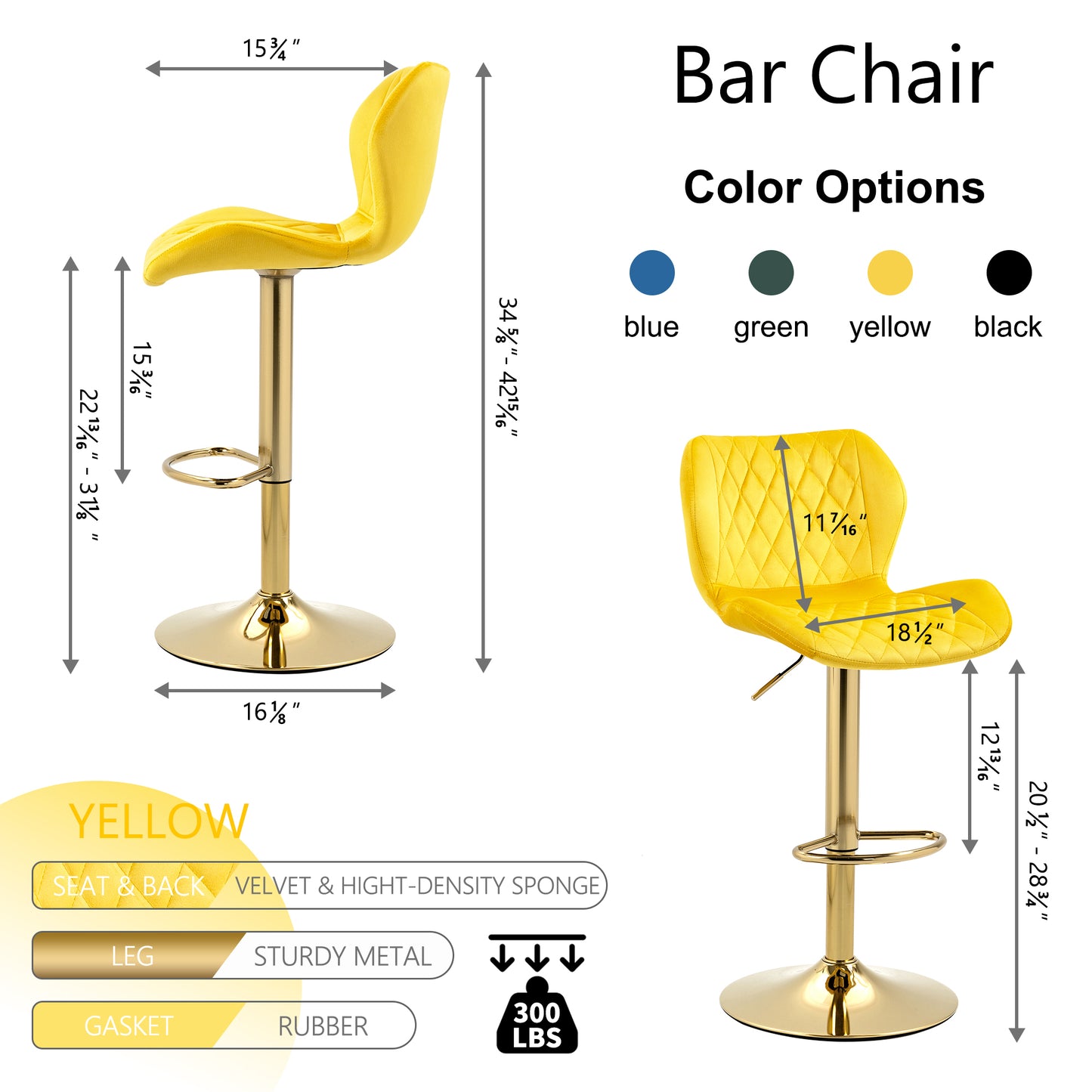 Yellow Velvet Adjustable Swivel Bar Stool Set of 2