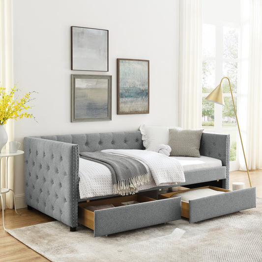 Upholstered Twin Size Daybed with Two Drawers, with Button and Copper Nail on Square Arms, Grey (82.75''x43''x30.75'')