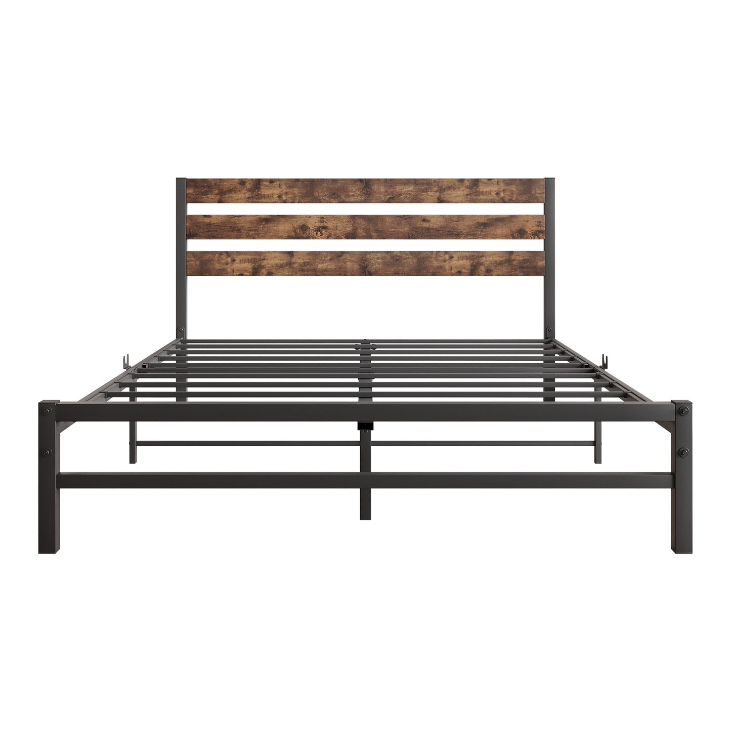 Platform Queen Size Bed Frame with Rustic Vintage Wood Headboard