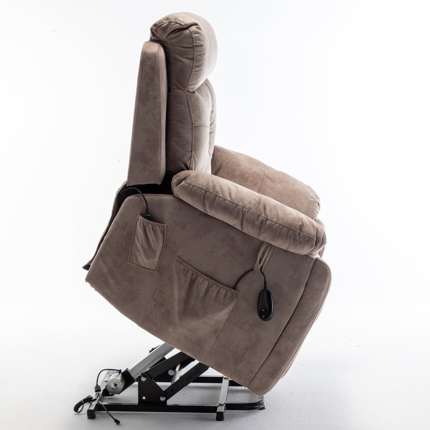 Velvet Power Lift Recliner Heated Zero Gravity Massage Chair with storage pockets - Beige+Brown