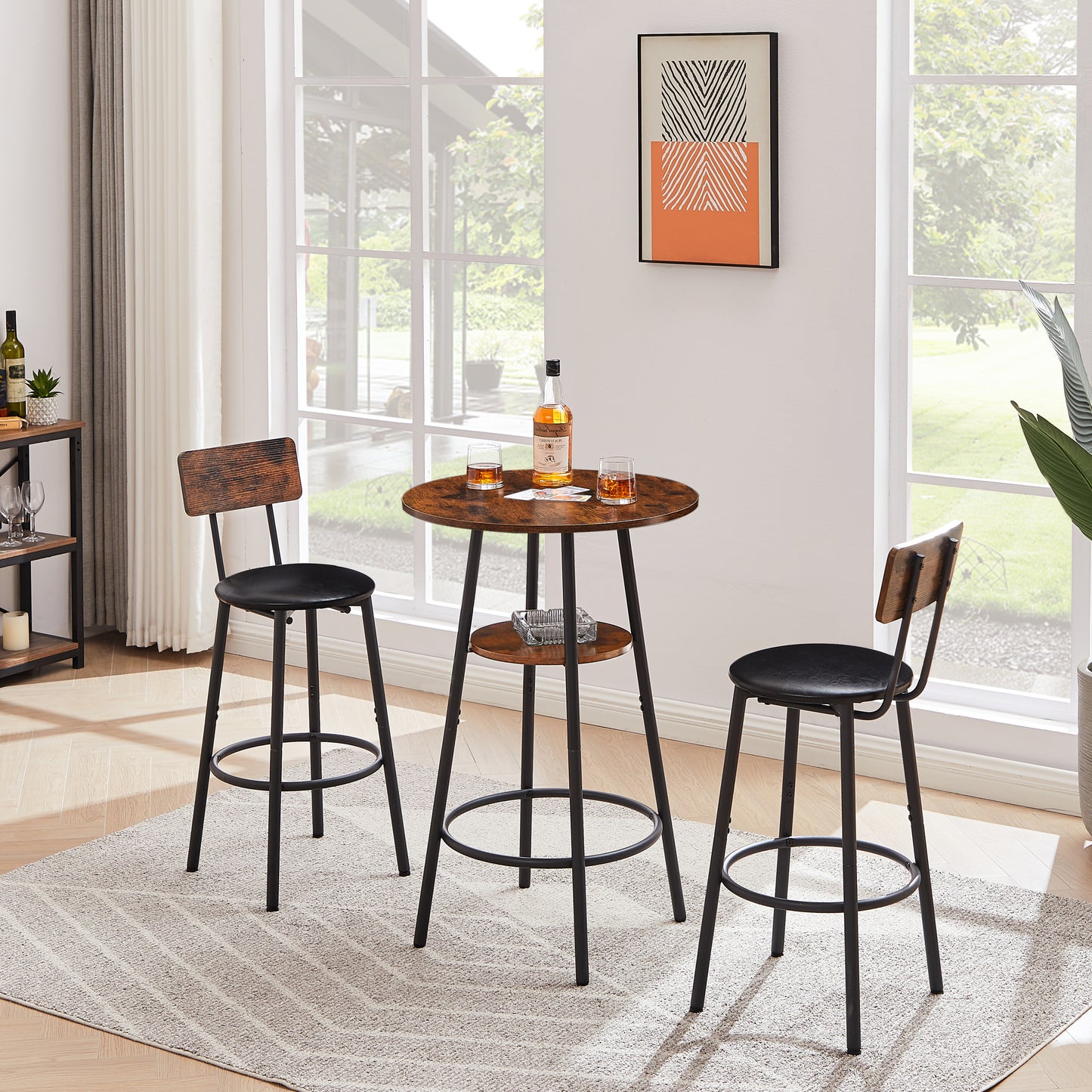 Round Bar Stool Set with Shelf - Rustic Brown
