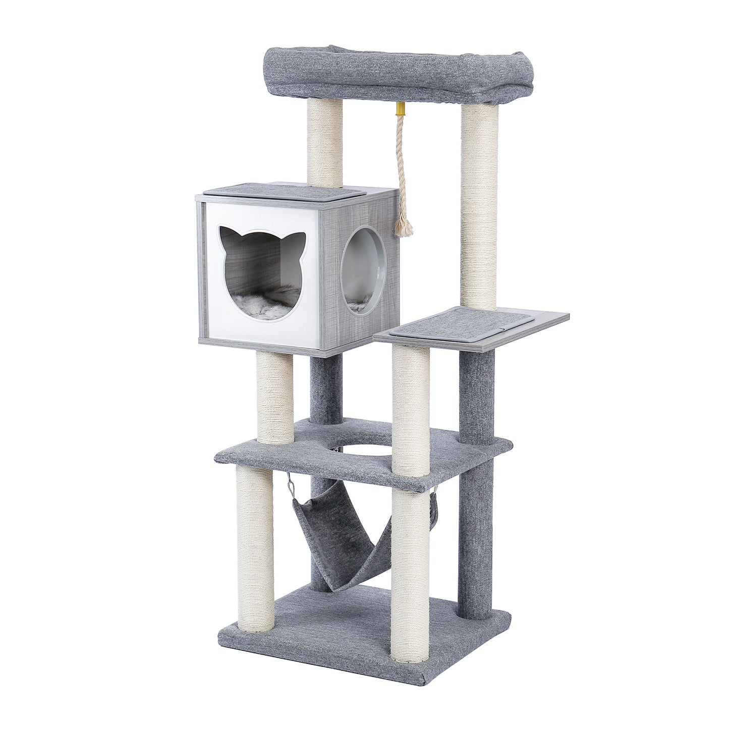 Cat Tree 52 Inches Multi-Level Wooden Cat Tower with Hammock and Scratching Posts- Grey