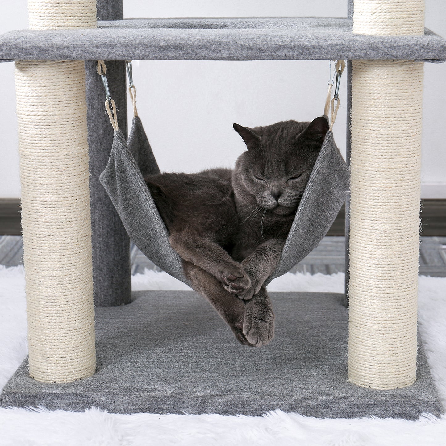 Cat Tree 52 Inches Multi-Level Wooden Cat Tower with Hammock and Scratching Posts- Grey