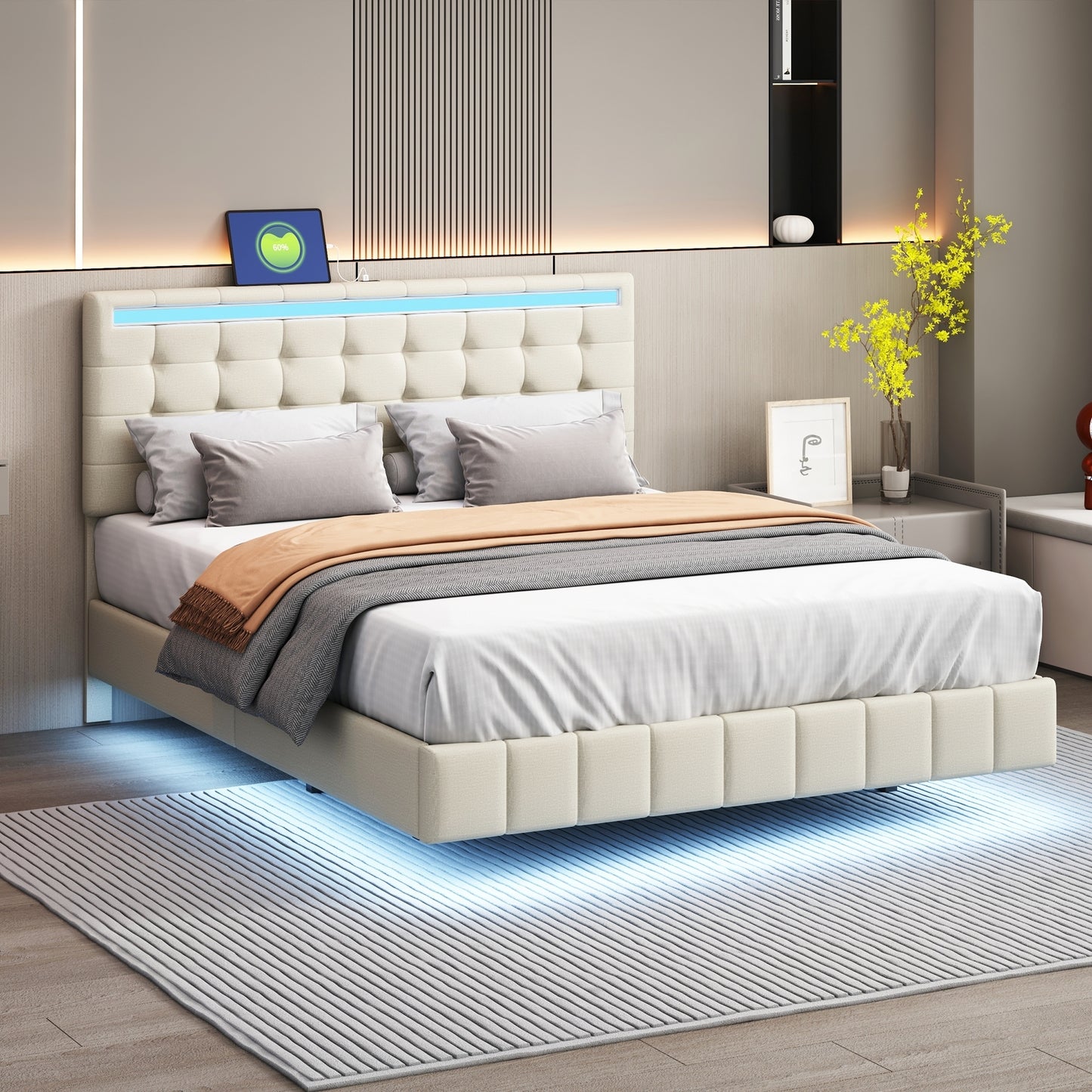 Queen Size Floating Bed Frame with LED Lights and USB Charging