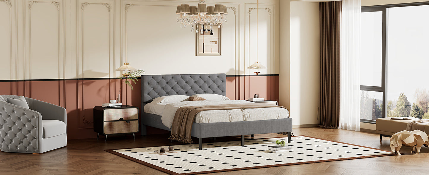 Gray Linen Upholstered Platform Bed Frame, Queen