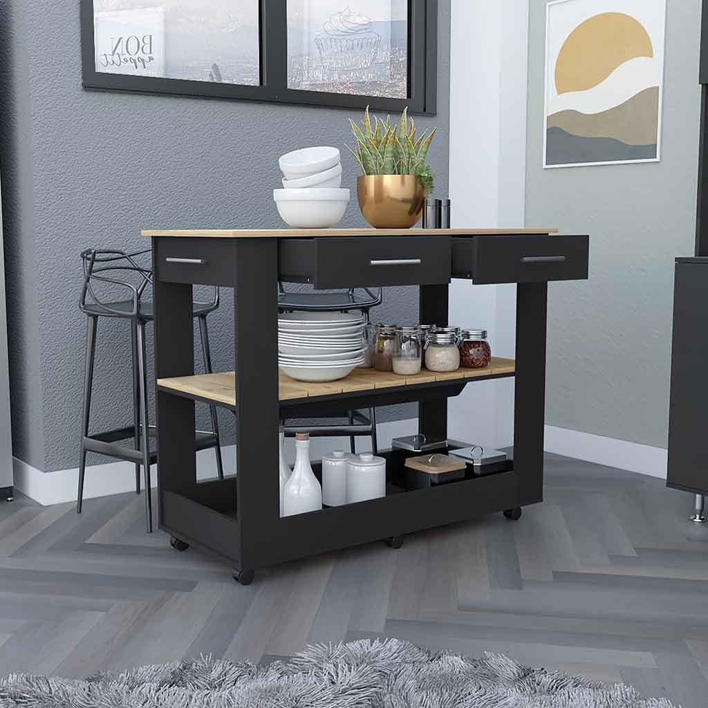 Kitchen Island 46 Inches Dozza, Two Drawers, Black Wengue / Light Oak Finish