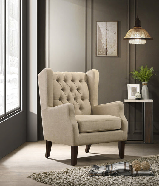 Linen Button Tufted Wingback Chair, Beige