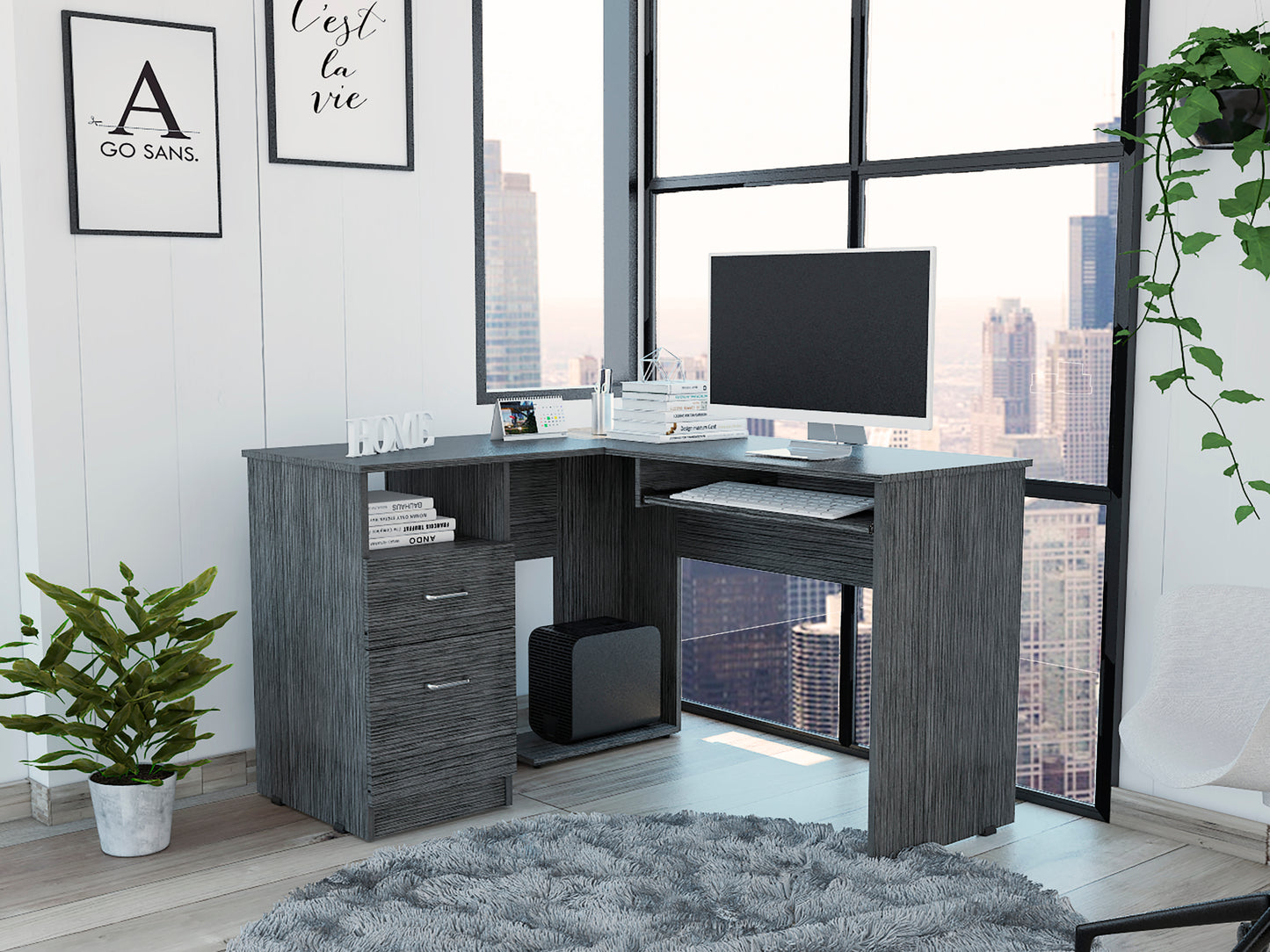 L-Shaped Desk, Keyboard Tray, Two Drawers, Single Open Shelf -Smokey Oak