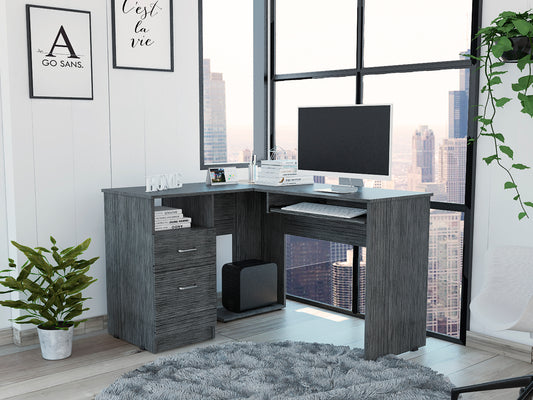 L-Shaped Desk, Keyboard Tray, Two Drawers, Single Open Shelf -Smokey Oak