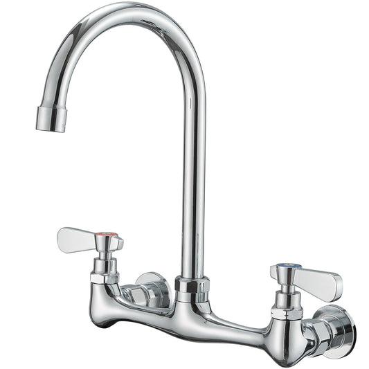 Double Handle Wall Mount Standard Kitchen Faucet with High Arc Swivel Spout 8 in Widespread in Polished Chrome