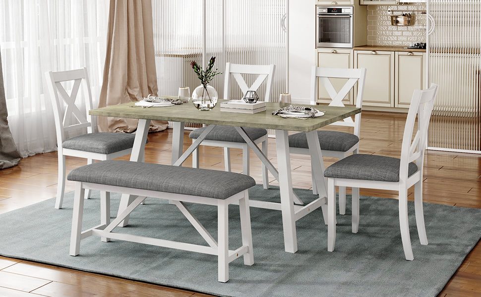 6 Piece Dining Table Set Rustic Style,White+Gray