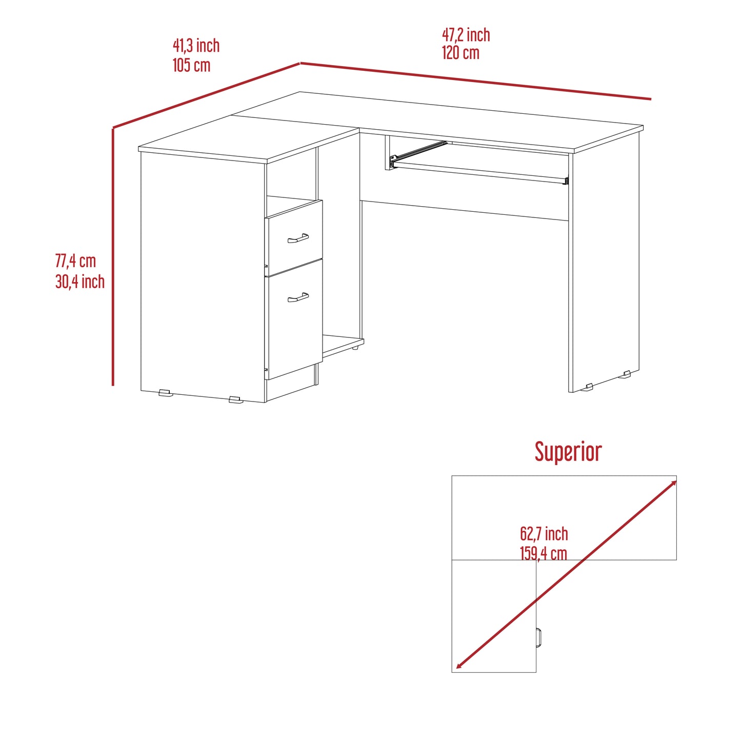 L-Shaped Desk, Keyboard Tray, Two Drawers, Single Open Shelf -Smokey Oak