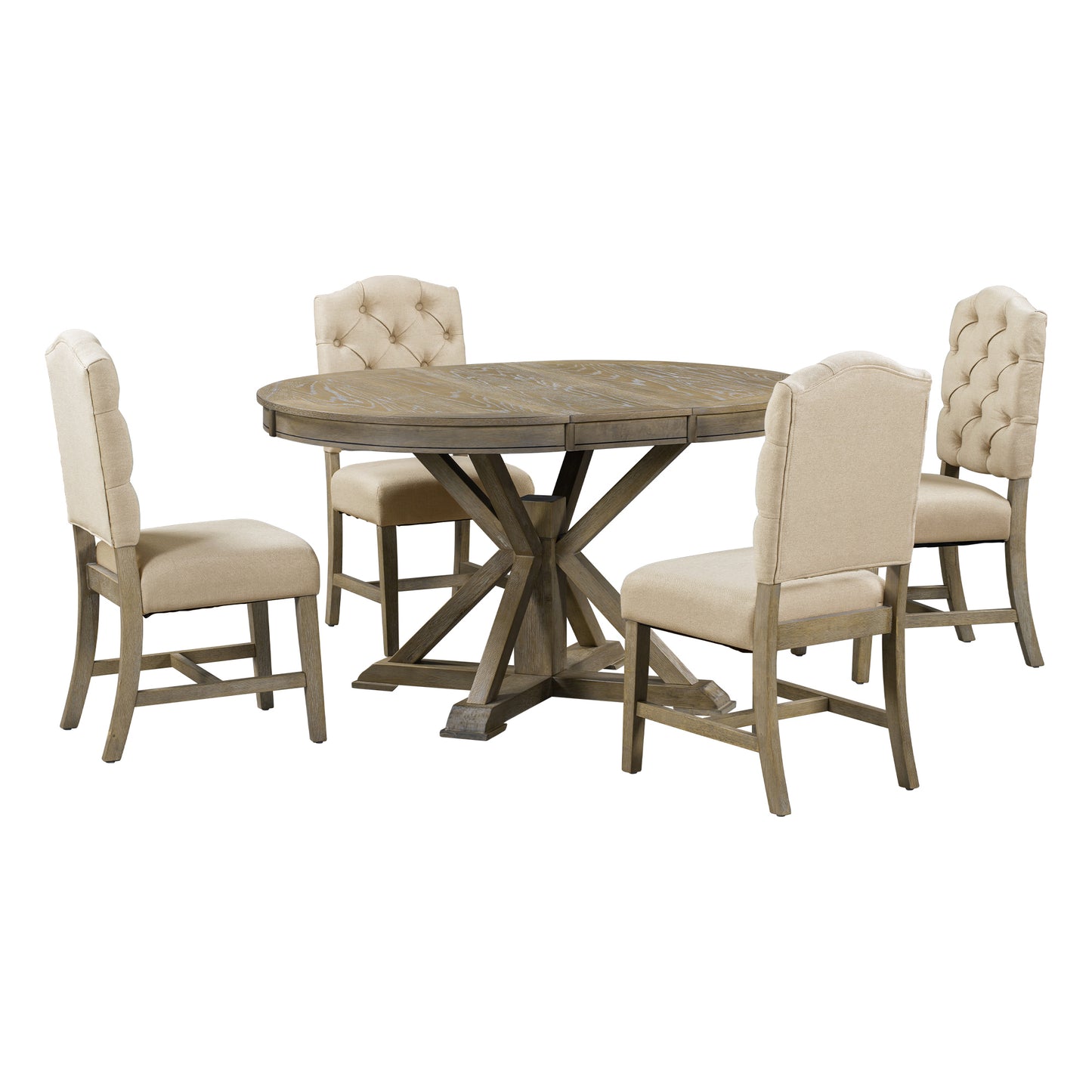 Retro Style Dining Table Set with Extendable Table and 4 Upholstered Chairs (Natural Wood Wash)