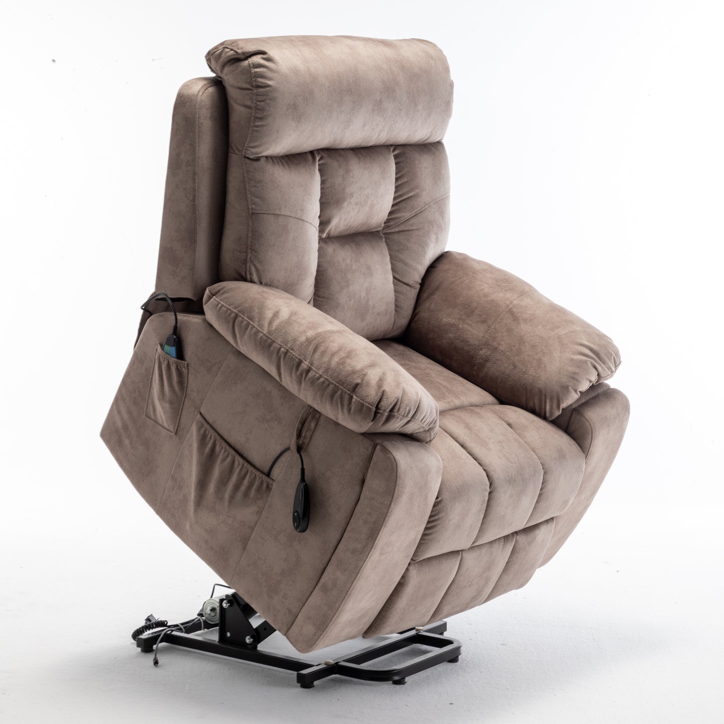 Velvet Power Lift Recliner Heated Zero Gravity Massage Chair with storage pockets - Beige+Brown