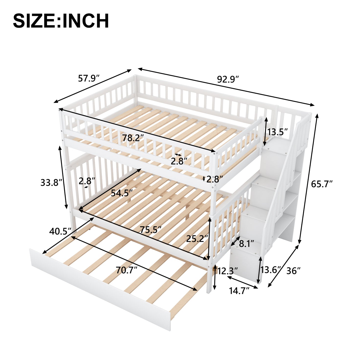 White Full over Full Bunk Bed with Trundle and Staircase