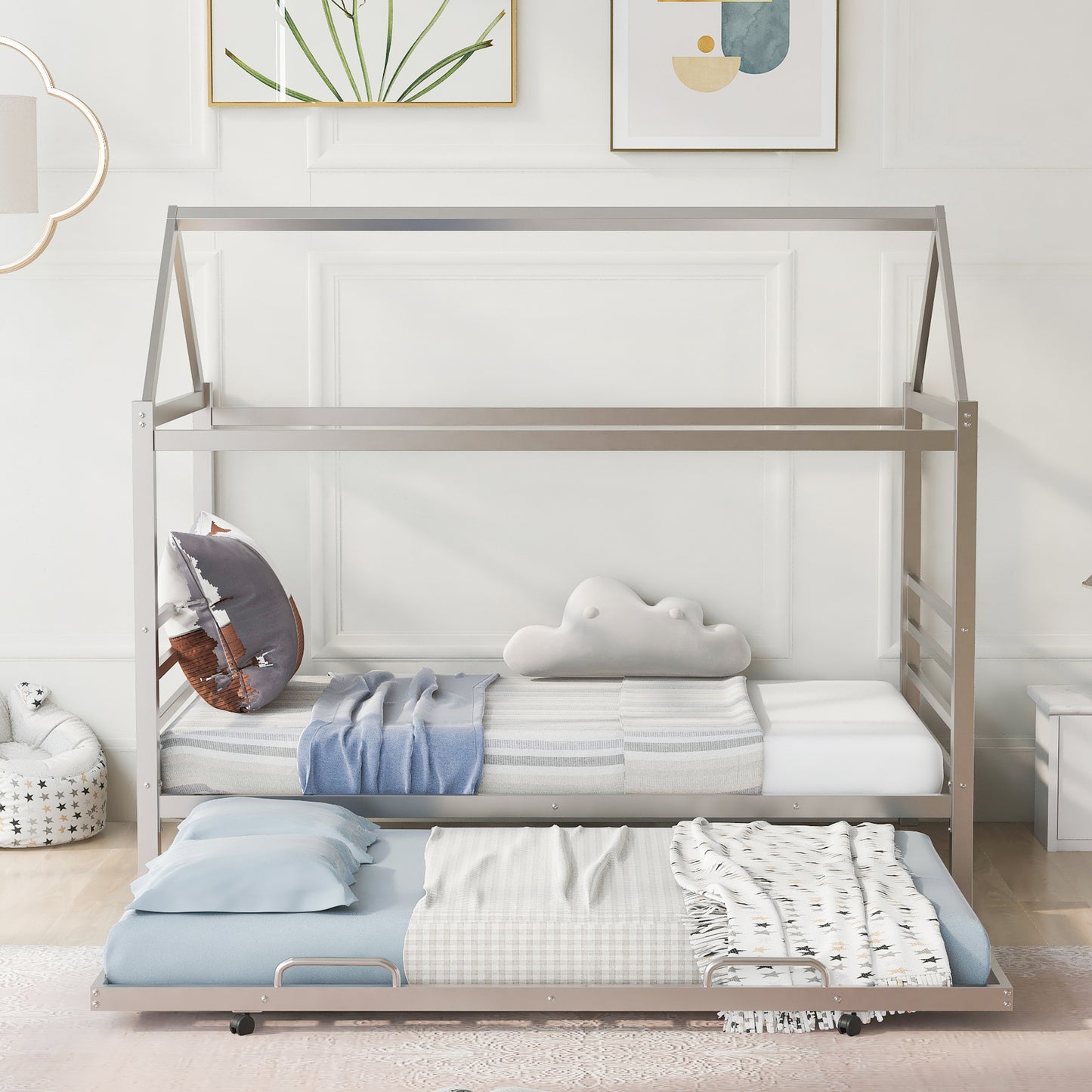 Twin Size Metal House  Platform Bed with Trundle,-Silver