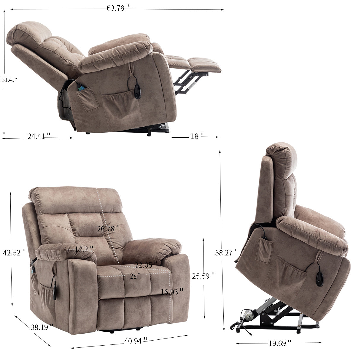 Velvet Power Lift Recliner Heated Zero Gravity Massage Chair with storage pockets - Beige+Brown