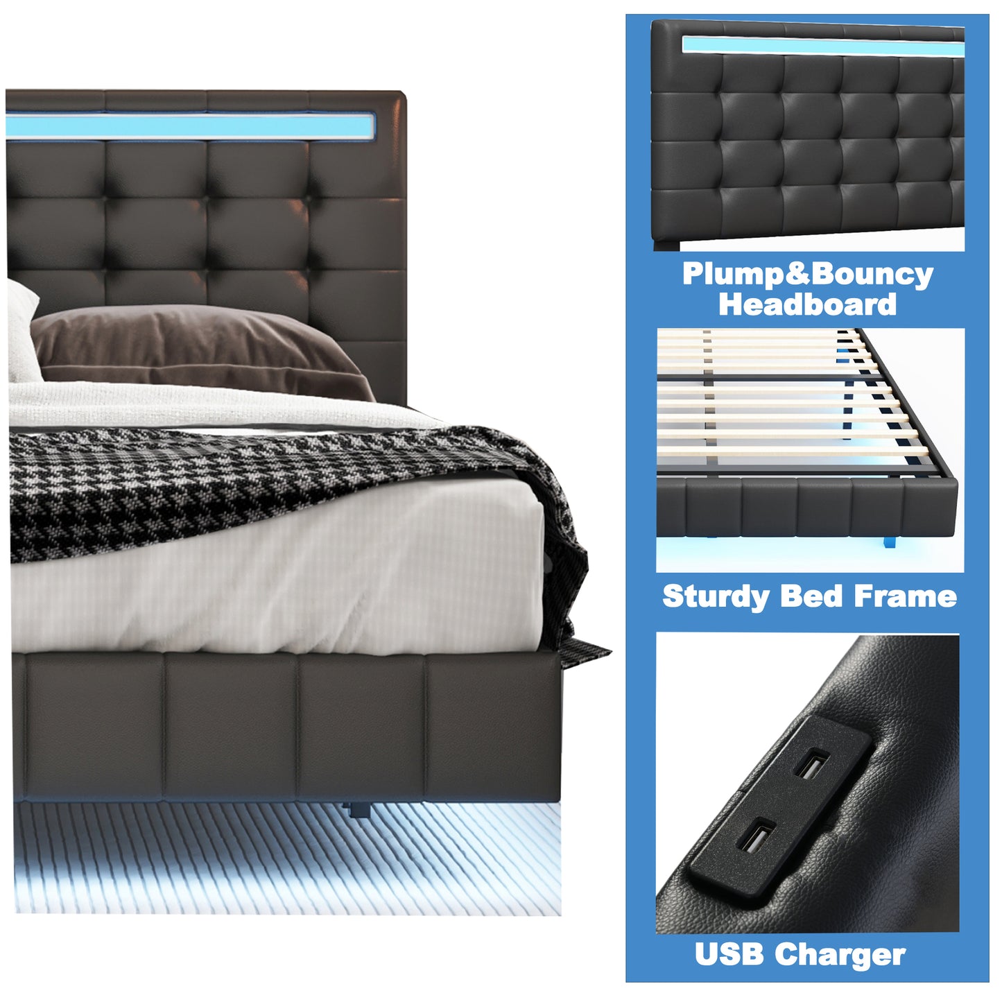 Modern Upholstered Platform LED Bed Frame,Black- Queen