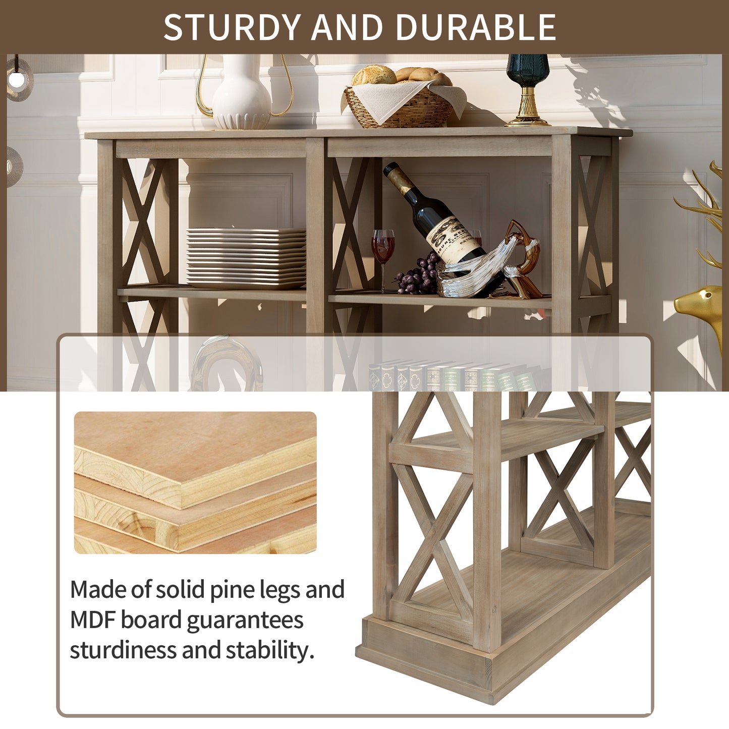 Console Table with 3-Tier Open Storage Shelves, White Washed