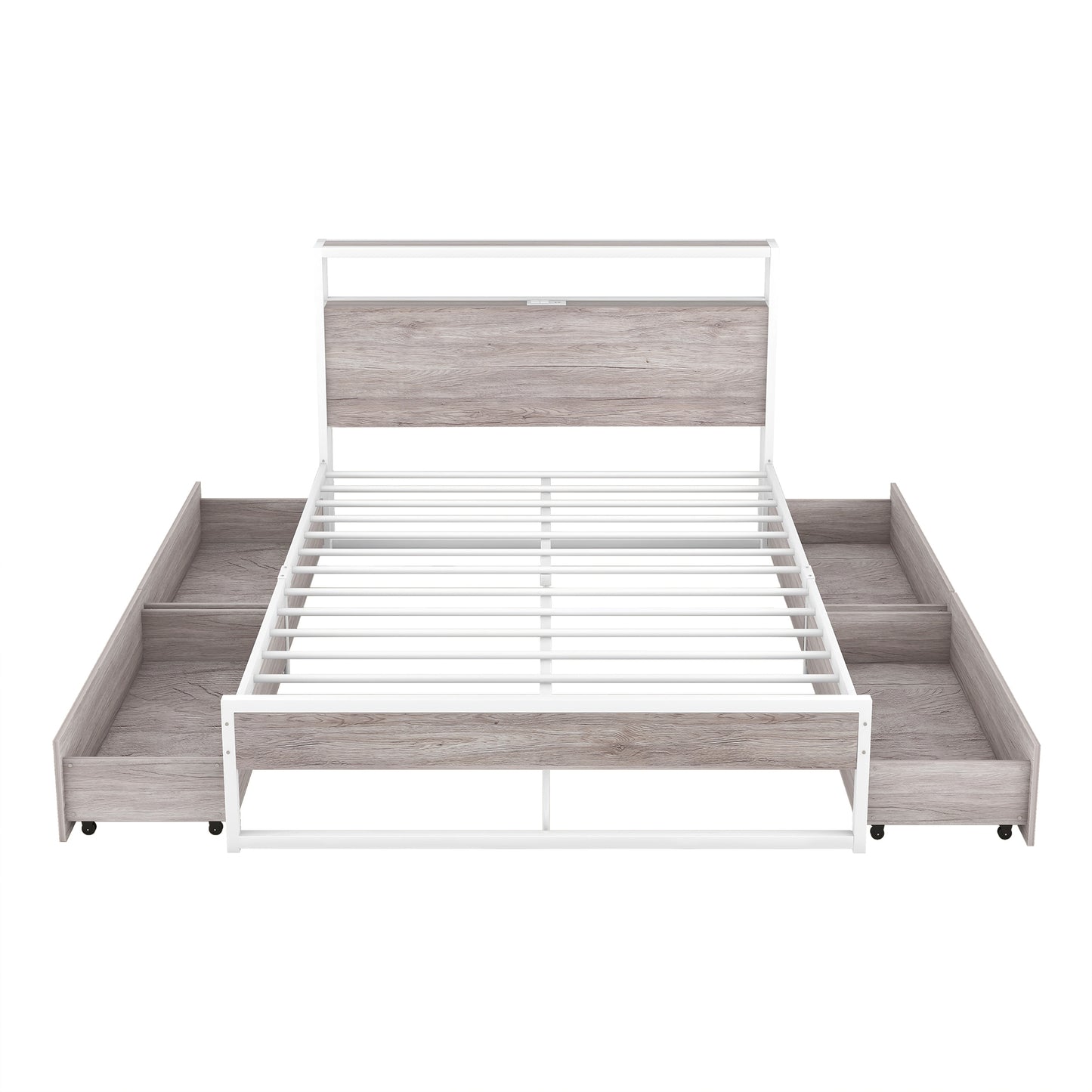 Full Size Metal Platform Bed Frame with Four Drawers, White