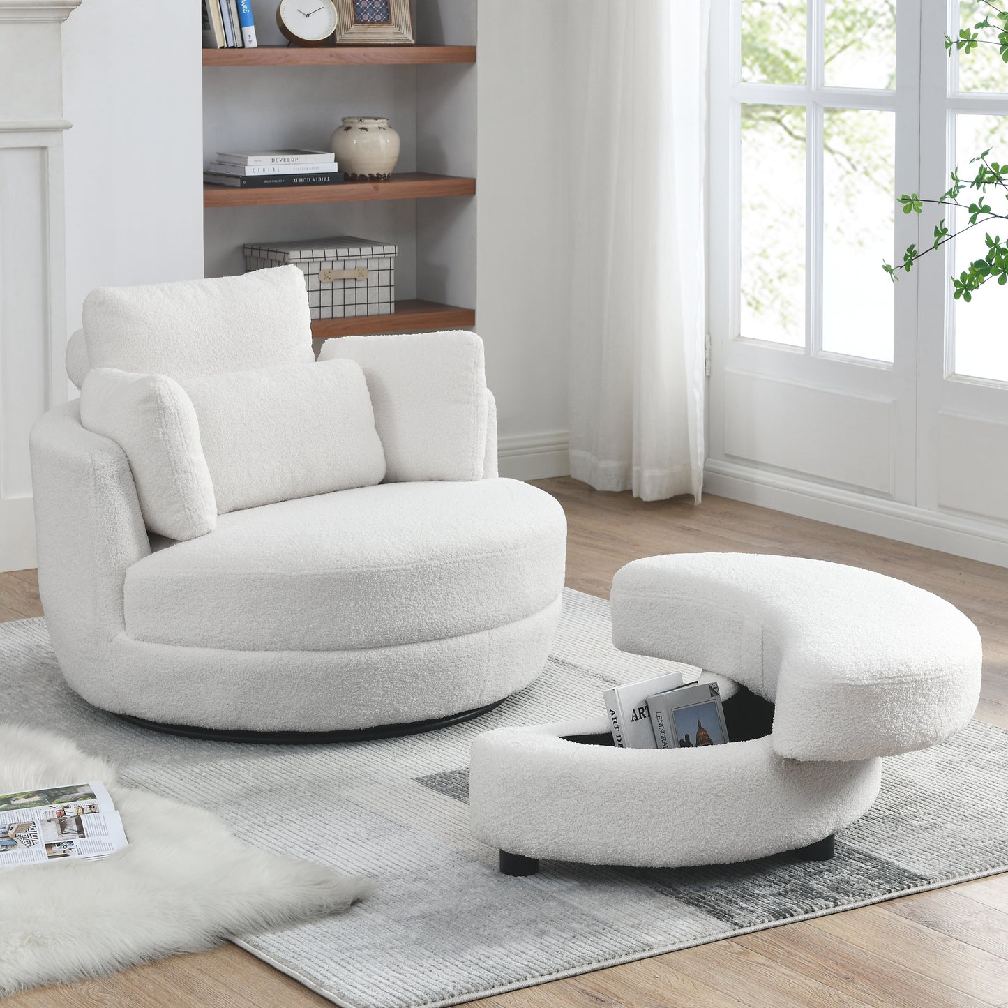 39"W Oversized Swivel Chair with Moon Storage Ottoman